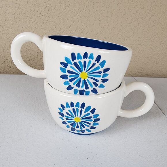 (2) Pcs / Matching Pair Of Starbucks Mug 2007  Daisy Hand Painted Blue Interior - Picture 1 of 8